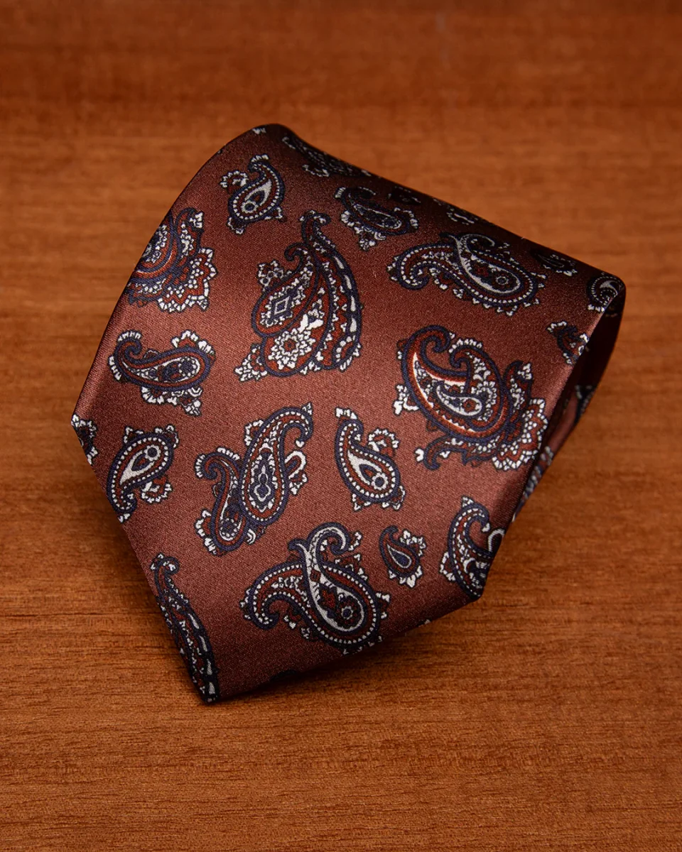Cravatta Bronzo con Fantasia Paisley Blu e Rosso in Seta - immagine 3