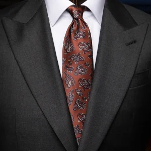 Cravatta Bronzo con Fantasia Paisley Blu e Rosso in Seta