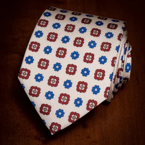 Cravatta Bianca con Fiori Azzurri e Rossi