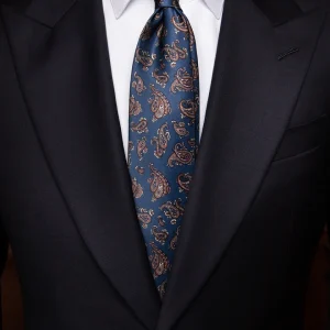 Cravatta Blu con Fantasia Paisley Marrone e Bianca