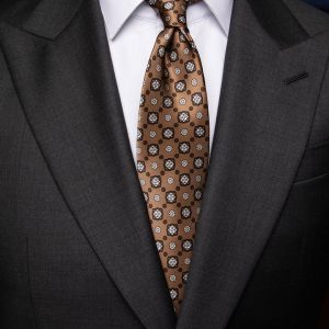 Cravatta Bronzo Fantasia Fiori Bianchi e Marroni