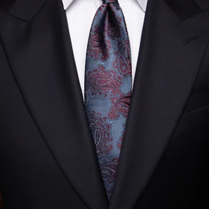 Cravatta Blu Damascata con Fantasia Paisley Rossa in Seta