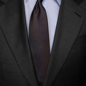 Cravatta Jacquard Blu Notte Con Griglia Marrone Caffè E Puntini Azzurri