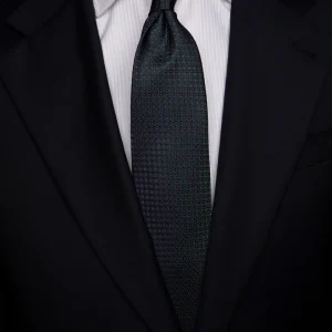 Cravatta Jacquard Blu Notte Con Griglia Verde Bosco E Puntini Magenta