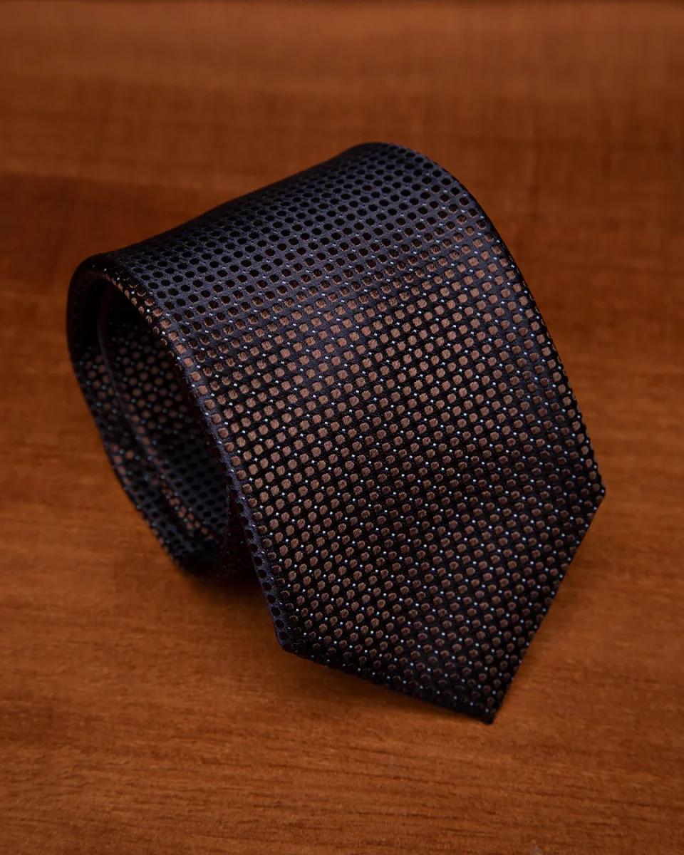 Cravatta Jacquard Blu Notte Con Microcerchi Marrone Caffè E Puntini Azzurri - immagine 3