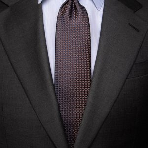 Cravatta Jacquard Blu Notte Con Microcerchi Marrone Caffè E Puntini Azzurri