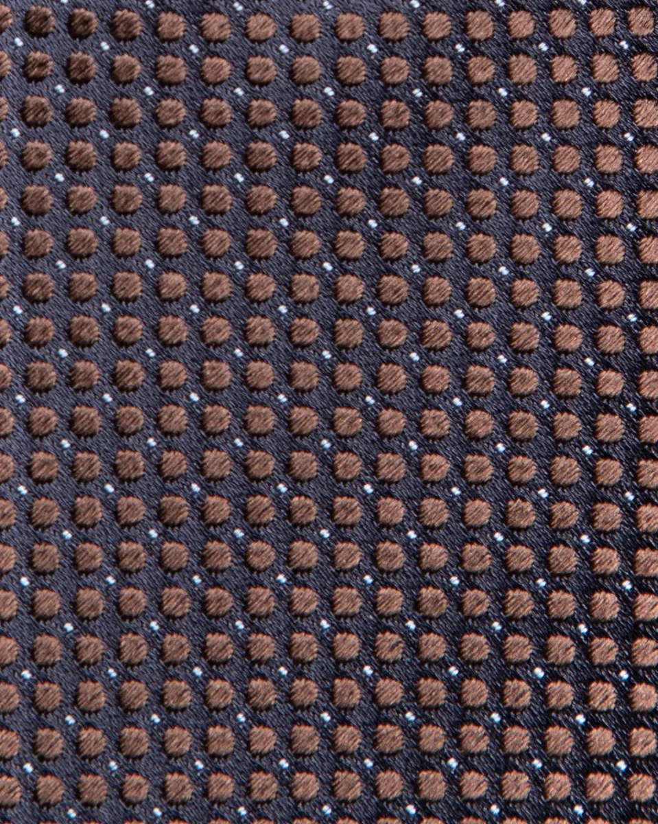 Cravatta Jacquard Blu Notte Con Microcerchi Marrone Caffè E Puntini Azzurri - immagine 7