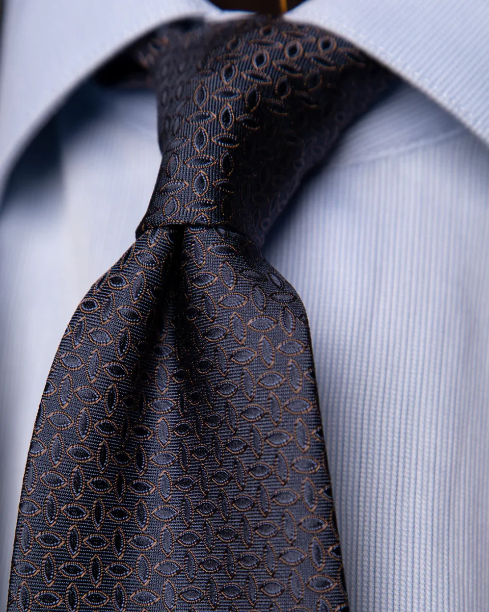 Cravatta Jacquard Blu Notte Con Motivo Ellittico Marrone Caffè - immagine 4