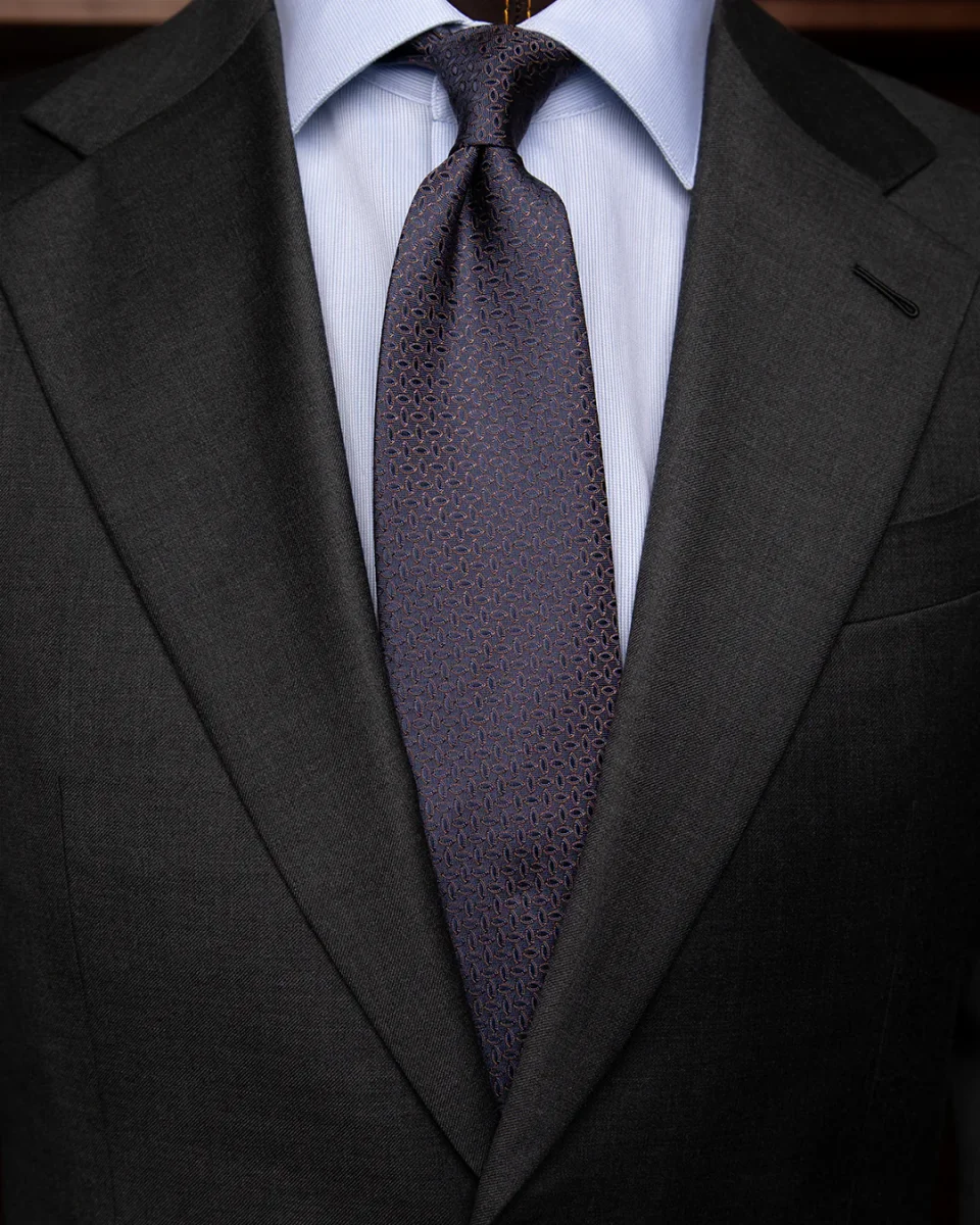 Cravatta Jacquard Blu Notte Con Motivo Ellittico Marrone Caffè