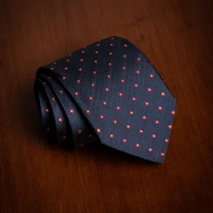Cravatta Jacquard Blu Notte con Pois Bianchi con Contorno Rosso