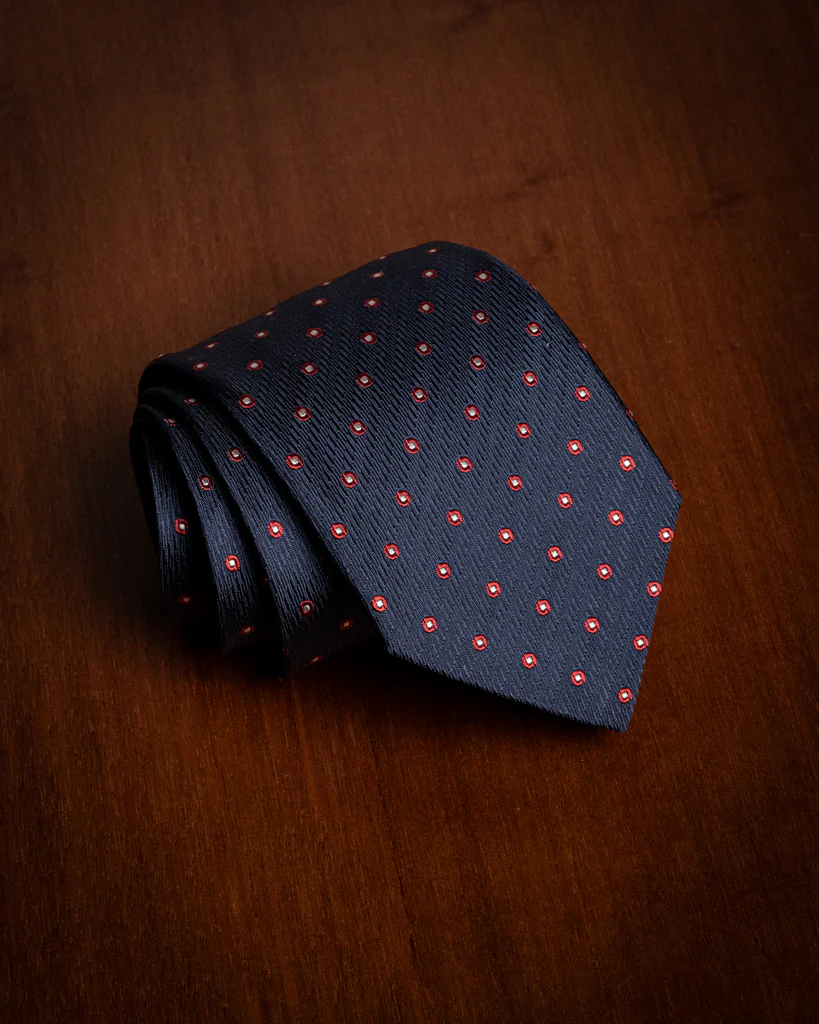 Cravatta Jacquard Blu Notte con Pois Bianchi con Contorno Rosso