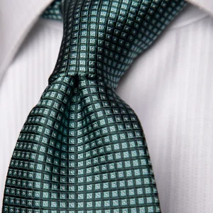 Cravatta Jacquard Verde Ottanio Con Microquadri Azzurri