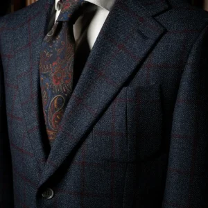 Giacca Casual Blu con Quadri Rossi