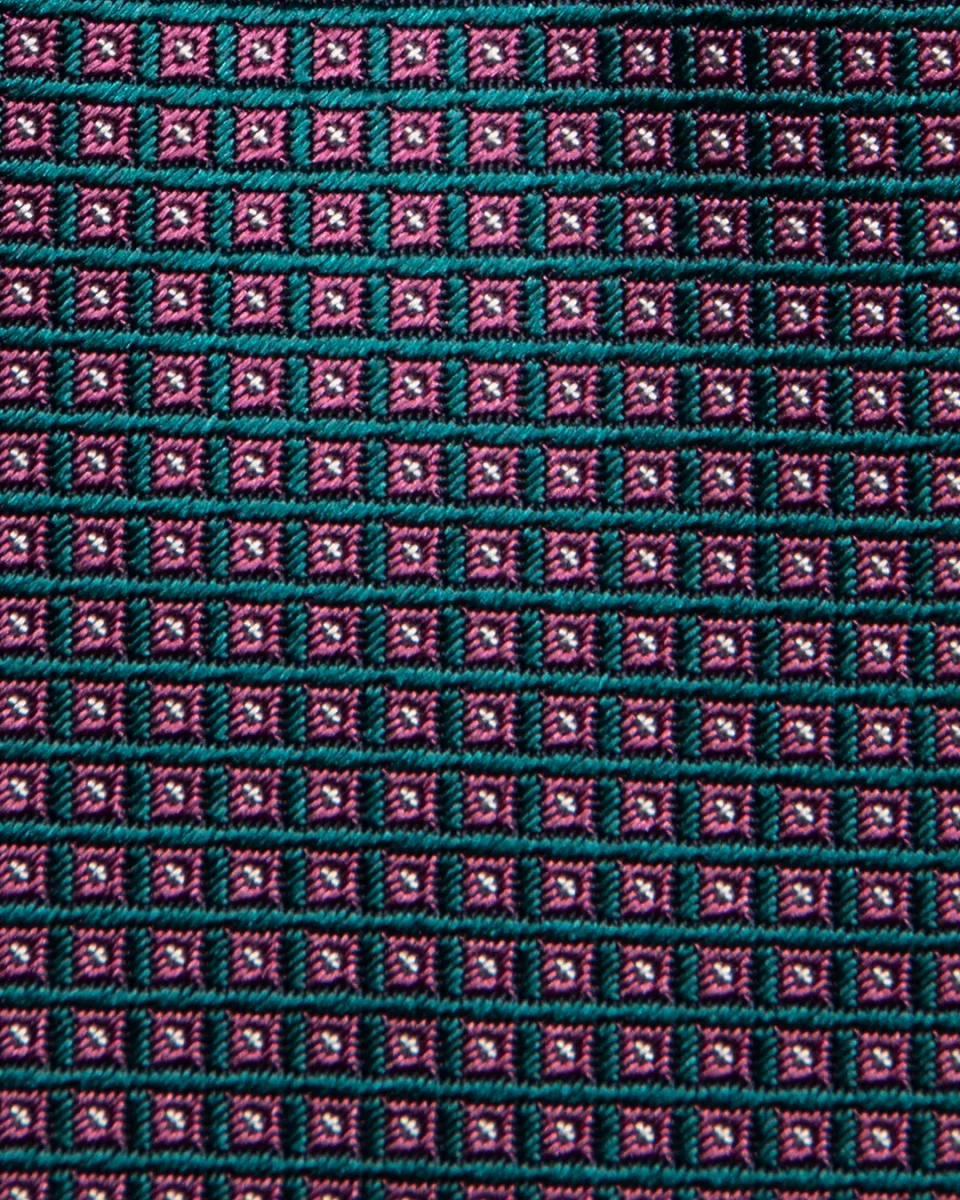 Cravatta Jacquard Bordeaux Con Microquadri Verde Smeraldo E Rosa Ciclamino - immagine 7