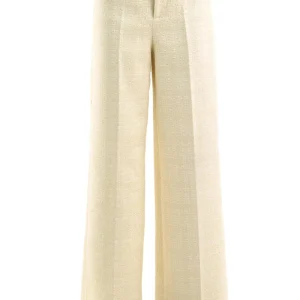Pantaloni in tweed di cotone a quadri color avorio