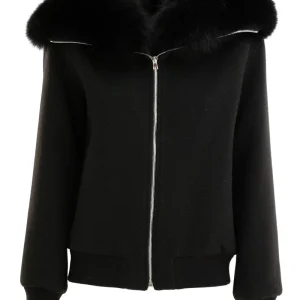 YVES SALOMON Giacca in lana color nero con collo in volpe