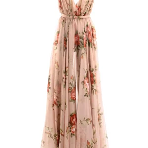 Abito in Chiffon di Seta con Stampa Bouquet Rose