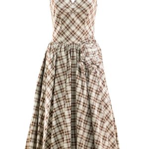Abito in cotone a quadri color avorio e marrone