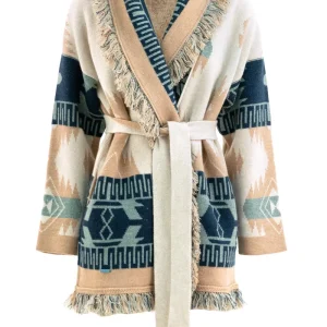 Cardigan Icon Jacquard in cashmere e lino color gesso e sabbia
