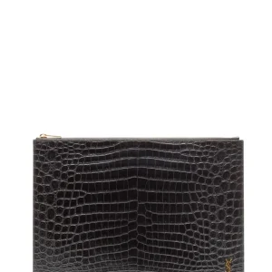 Saint Laurent 607782 DZE0W1000 Portadocumenti Monogram in Pelle Opaca Goffrata Coccodrillo