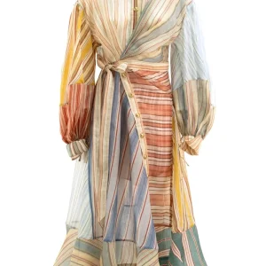 Abito Midi Rebellion a Righe in Lino e Seta