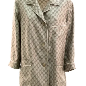 Camicia in seta beige ed ebano con stampa GG.