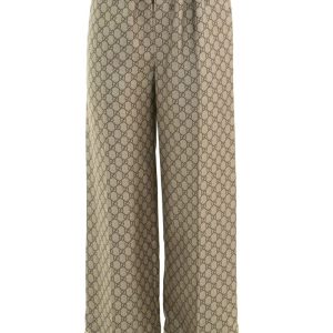 Pantaloni in seta beige ed ebano con stampa GG Supreme