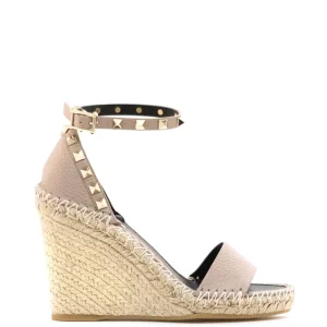 Sandali Zeppa Rockstud in pelle martellata color rosa cipria