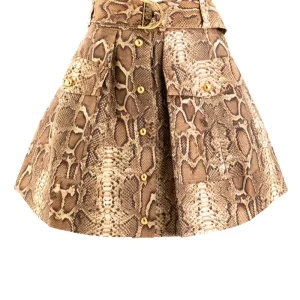 Minigonna Utility con Stampa Pitonata Seta Cotone Marrone