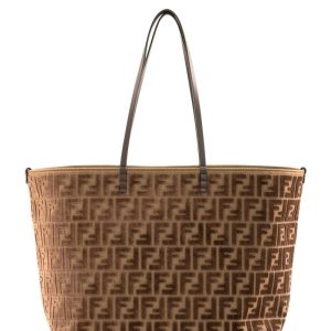 Borsa Roll Large in velluto FF jacquard color beige e marrone