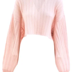 Pullover crop in mohair a coste di colore rosa