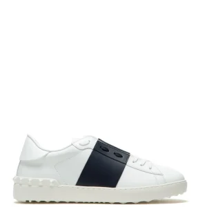 Sneakers Open low-top in pelle liscia color bianco con fasce laterali in pelle color blu