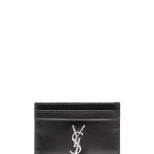 SAINT LAURENT Portacarte Monogram pelle nera logo argento
