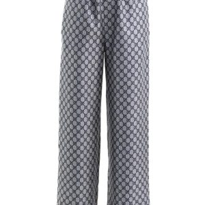 Pantaloni in twill di seta blu e bianco con stampa GG