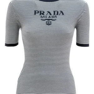 Pullover in maglia di seta a righe di colore blu e bianco