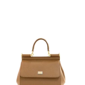 Borsa Sicily Media in pelle di vitello Dauphine di color caramello