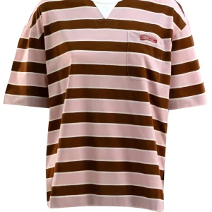 T-shirt in filo scozia a righe color rosa e marrone