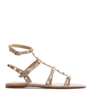 Sandali Flat Rockstud in pelle liscia color rosa cipria