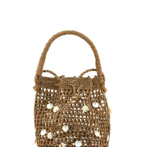 Borsa a secchiello in rafia color marrone chiaro