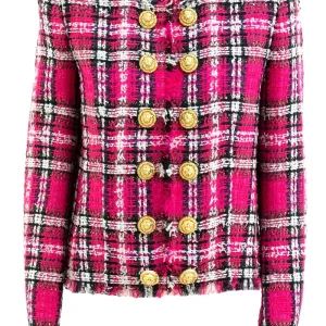 Giacca Spencer in tweed tartan con paillettes di colore rosa